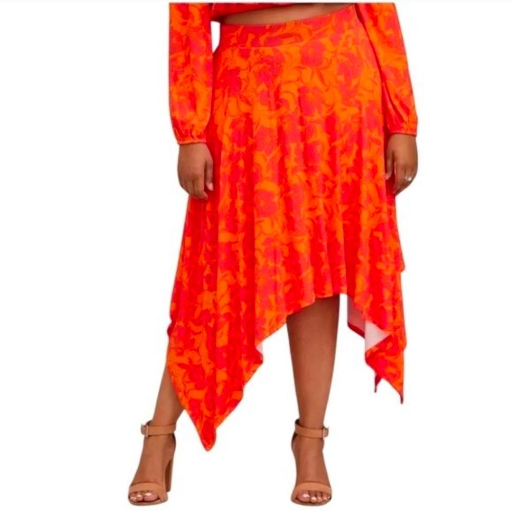 Torrid Nwot Super Soft Knit Handkerchief Hem Maxi Skirt Floral Orange 2 2x